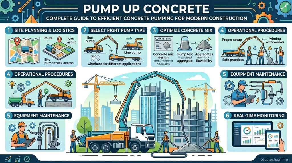 Concrete pump truck lifting and delivering fresh concrete to a construction site efficiently