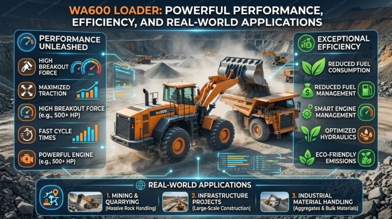 WA600 loader heavy equipment working on construction site showing powerful performance and fuel efficiency